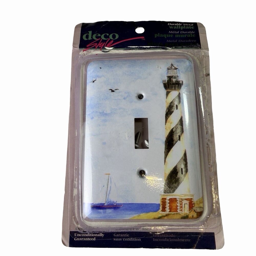 Vintage Decorator Switch Wall Plate Painted Metal Lighthouse Ocean Deco Style